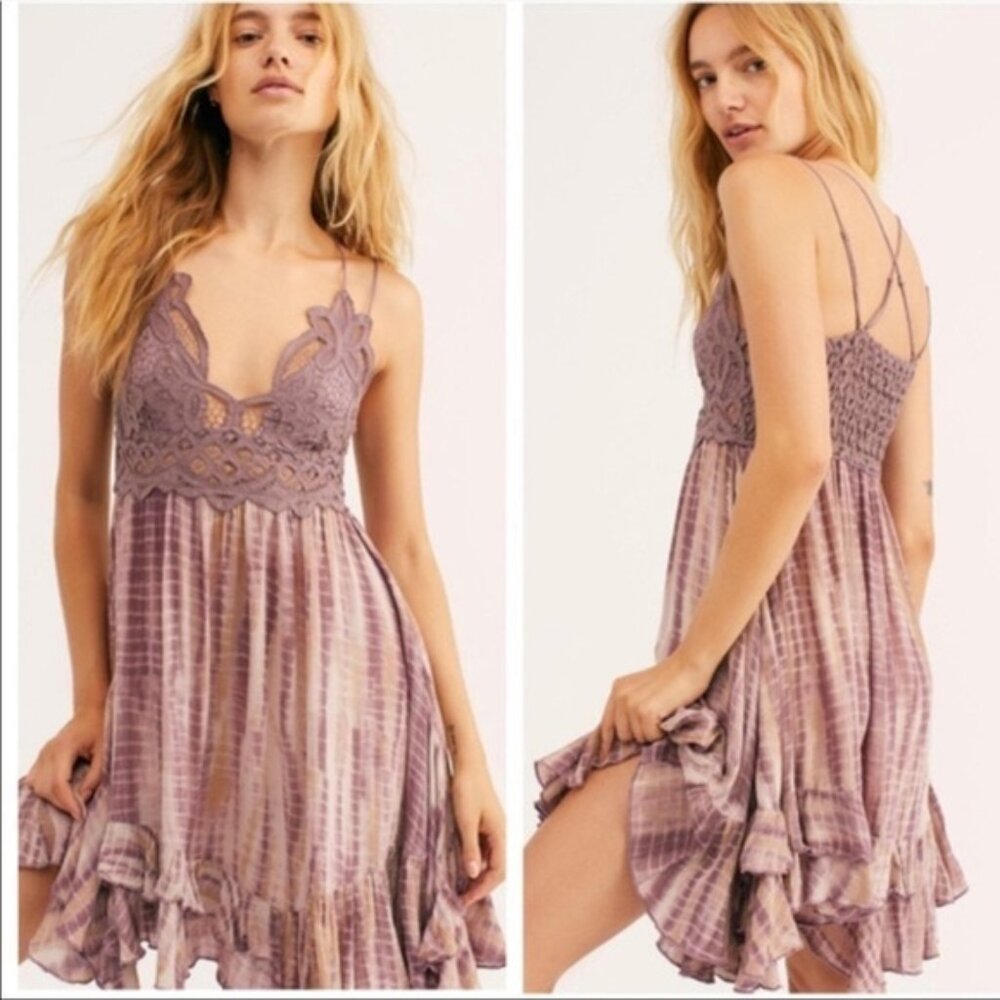 Free People Adella Tie Dye Lace Ruffle Tier Strappy Slip Mini Dress